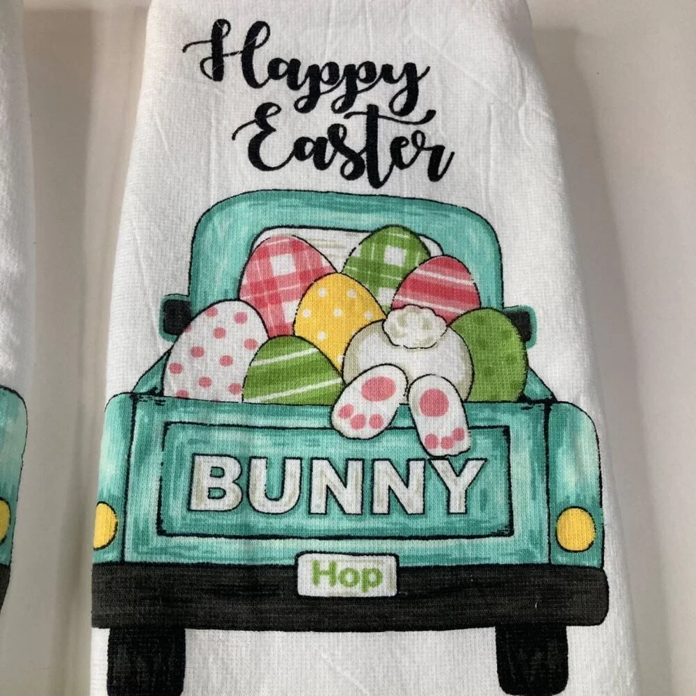 2 T Fal Happy Easter Bunny‎ Hop Kitchen Towels Farm Truck Easter Eggs 17 x 24